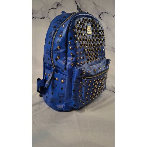 BEAUTIFUL MCM Munchen Blue Leather Studded & Jewel Encrusted Luxury Backpack Bag - Picture 2 of 10